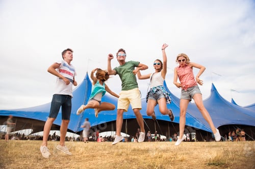 Preview: Teenagers at summer music festival dancing and jumping
