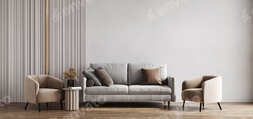 Preview: Light beige room interior, living room interior mockup, empty gray wall, 3d rendering
