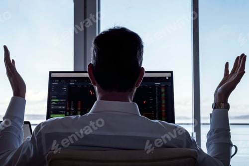 Preview: Hands up businessman at desk with computers