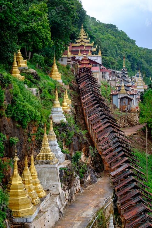 Preview: Buddhist pagodas and temple at entrance to Pindaya Caves, Myanmar