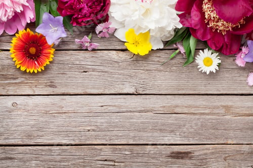Garden flowers on wood