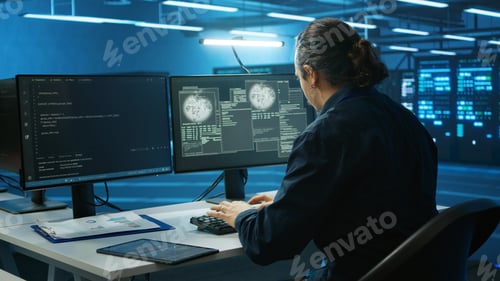 Preview: System administrator in server room frightened by hacking attack