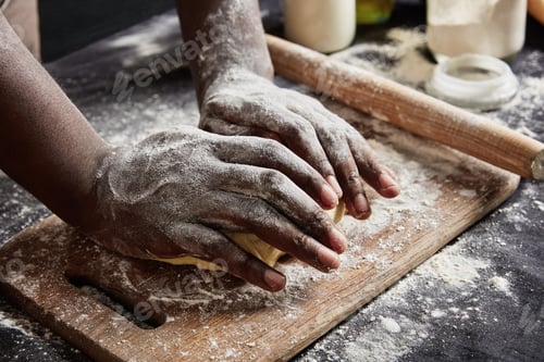 Preview: Cropped shot of male`s hands knead dough for preparing roll or pizza, works with rolling pin, uses f
