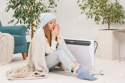 Preview: Cold woman under blanket warming hands by electric heater at home in winter