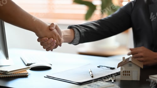 Preview: Young woman handshaking with real estate agent after signing contract.
