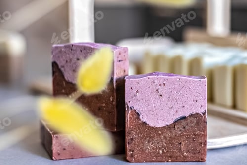 Preview: Layout and packaging of fresh prepared handmade soap and cosmetics for body skin care. Home spa.