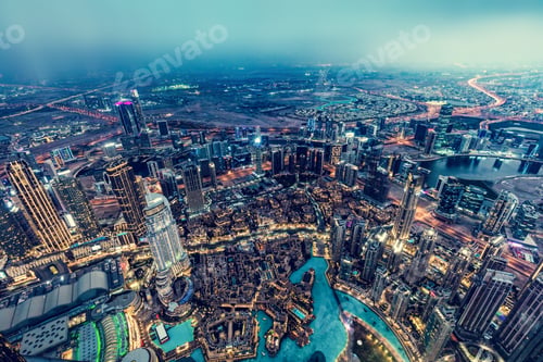Preview: Dubai UAE aerial rooftop view from Burj Khalifa at night
