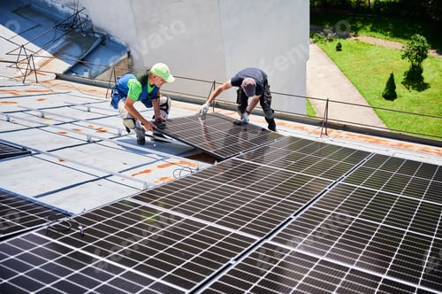Preview: Workers building solar panel system on roof of house. Men installing photovoltaic solar module