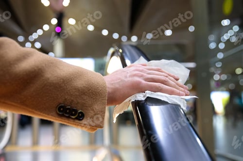 Preview: man hand holds escalator handrail in airport through a napkin to protect yourself from covid-19