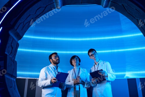 Preview: futuristic innovative equipment, multiethnic scientists with clipboards near experimental device