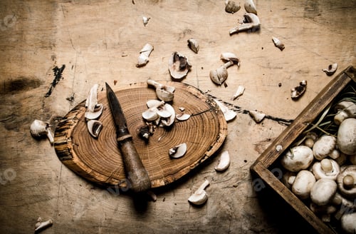 Preview: Cutting mushrooms with a knife on an old tree trunk.