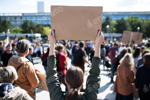 Preview: Rear view of people with placards and posters on global strike for climate change.