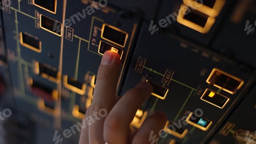 Preview: Autopilot control element of an airliner. Panel of switches on an aircraft flight deck. Thrust