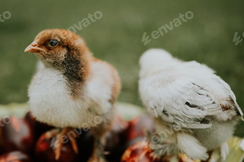 Preview: Little baby chicks at a farm in the yard sitting on some Easter eggs