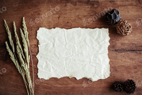 Preview: old wrinkled paper on old wood background with dried flower and