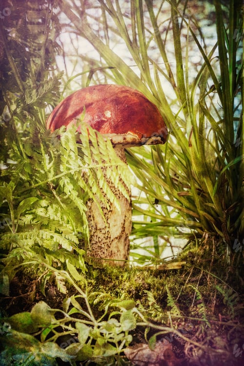 Preview: Edible Mushrooms In The Grass- Nature Background. Forest Landscape.