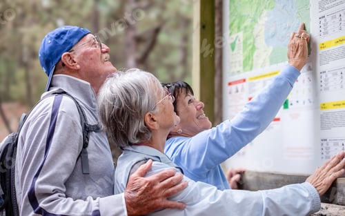 Preview: Happy group of seniors on a hike in the woods consult the safety and orientation signs