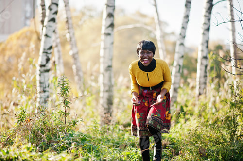 Preview: African american girl at yellow and red dress at golden autumn fall park.