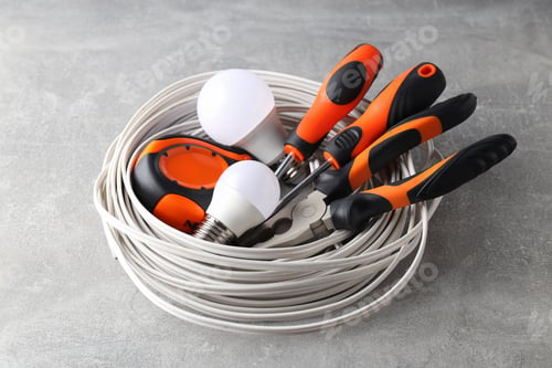 Vista previa: Concept of electrician or electrical tools, close up