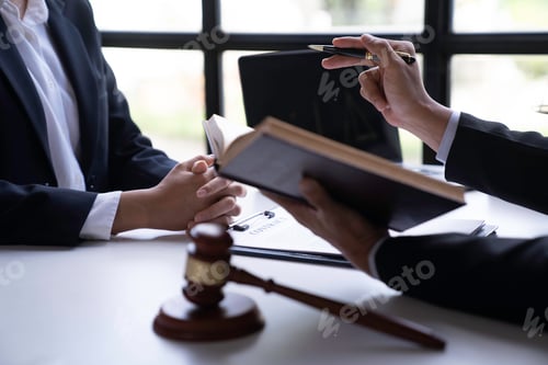 Preview: Lawyer or judge advising client's trial at attorney's office, litigation counseling ideas with lawye