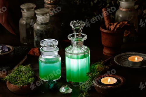 Preview: Witchcraft still life concept with potion, herbs ingredients candles and magical equipment