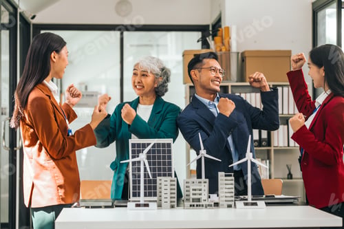 Preview: Group asian business people meeting boardroom clean energy city solutions discussing solar panels