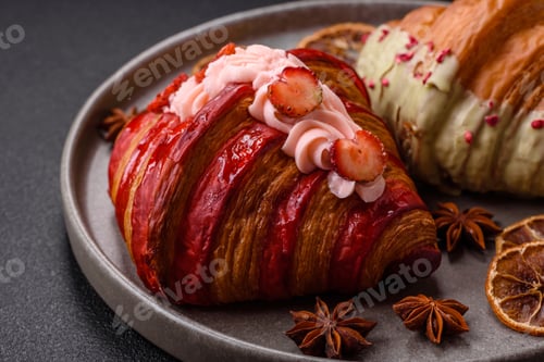 Preview: Crispy sweet red croissant with pistachio, raspberry and strawberry