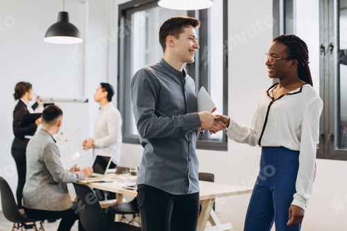 Preview: African businesswoman and Caucasian businessman have handshakes on the interracial team