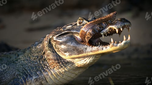 Preview: Closeup of a large terrifying alligator eating fish in a pond in Pantanal, Brazil