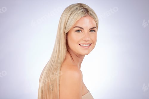 Preview: Portrait, blonde and beauty of woman with hair care, natural skincare or aesthetic wellness on stud