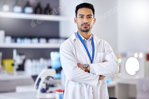 Preview: Scientist, man and arms crossed in portrait, science study for medical research in laboratory with