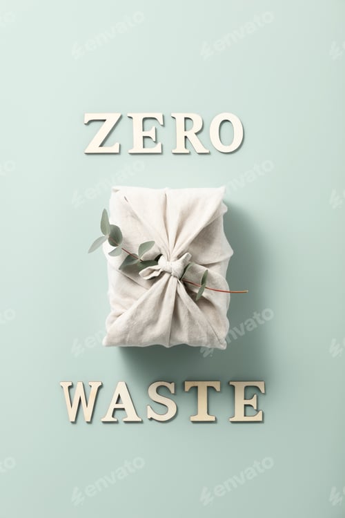 Preview: Zero waste, eco friendly hand made gift and wooden letters on blue background