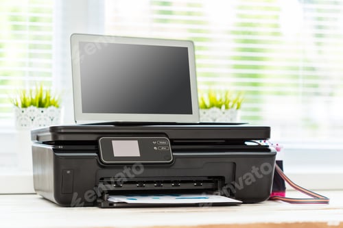 Preview: Printer and computer. Office table