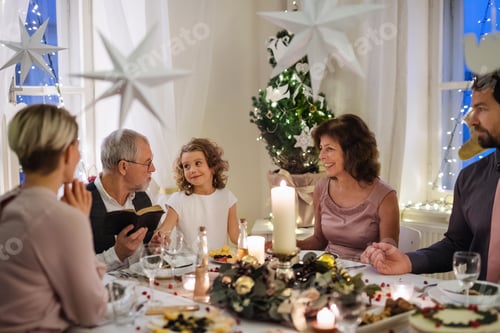 Preview: Small girl with parents and grandparents indoors celebrating Christmas