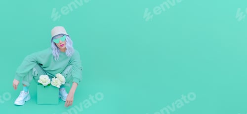 Preview: Fresh Mint fashion Girl 90s. Monochrome color trends. Aqua Menthe aesthetic