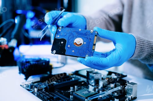 Preview: Closeup of technician with gloves holding blue hard drive circuit board above