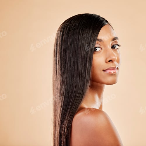 Preview: Woman, portrait and haircare in beauty salon, cosmetics or skincare against a studio background. Fe