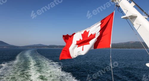 Preview: Canadian National Flag on a back of a ship traveling near Vancouver Island