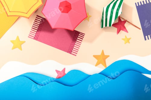 Preview: top view of paper beach with starfishes, towels, and summer umbrellas on sand near ocean