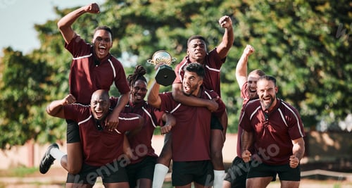 Preview: Excited, portrait and rugby team with trophy in celebration at field outdoor for target, champion g