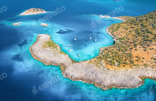 Preview: Aerial view of beautiful sea bay, yachts and boats at sunset