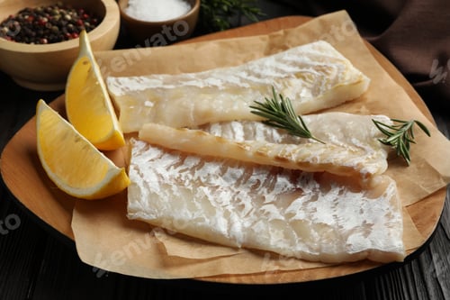 Preview: Fresh raw cod fillets, spices and lemon on wooden table, closeup
