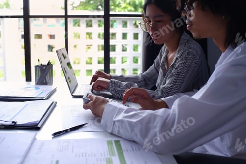 Preview: Two businesspeople accountant coworker work in office consulting meeting brainstorming