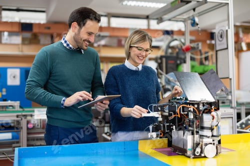 Preview: Young students of robotics preparing robot for testing