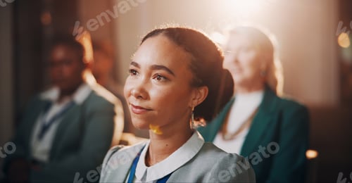 Preview: Woman, thinking or crowd in seminar for business, employee engagement or campaign information. Staf