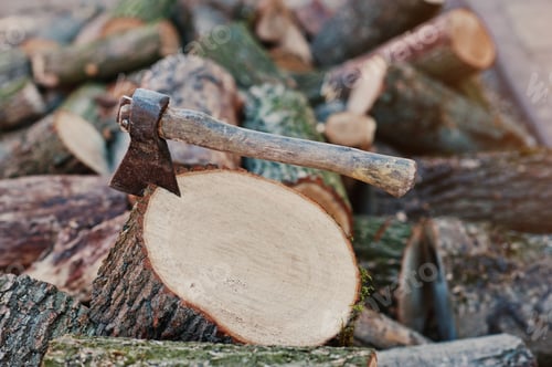 Preview: Axe in stump background chopped firewood.