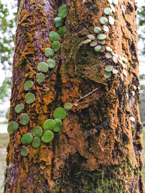 Preview: Parasitic vine wrapped around tree trunk in tropical park.