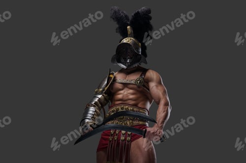 Preview: Aggressive roman gladiator with naked torso dual wielding swords