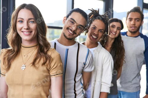 Preview: group portrait of diverse multiethnic team in stylish casual attire smiling at camera in office