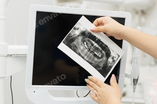 Preview: the dentist holds in his hands an X-ray examination of the oral cavity,